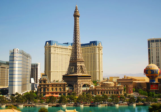 Aerial view of Las Vegas, Nevada, with a focus on Las Vegas Strip casinos,  including the Paris Las Vegas's half-scale replica of the Eiffel Tower -  digital file from original